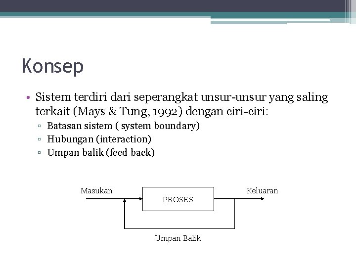 Konsep • Sistem terdiri dari seperangkat unsur-unsur yang saling terkait (Mays & Tung, 1992)