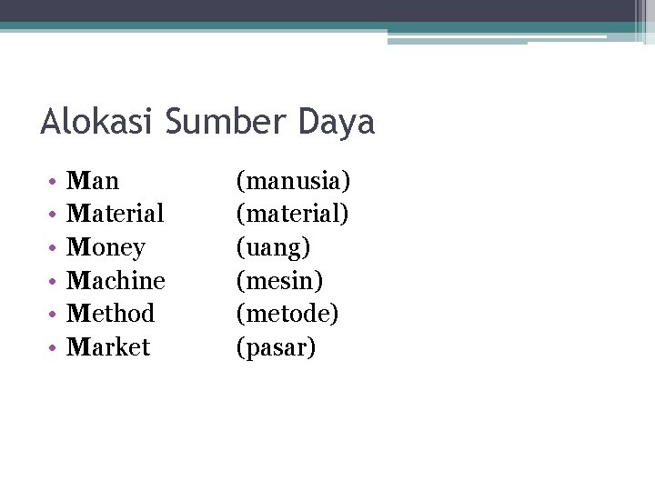 Alokasi Sumber Daya • • • Man Material Money Machine Method Market (manusia) (material)