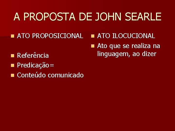 A PROPOSTA DE JOHN SEARLE n ATO PROPOSICIONAL Referência n Predicação= n Conteúdo comunicado