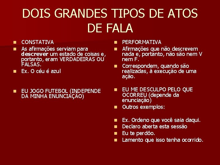 DOIS GRANDES TIPOS DE ATOS DE FALA CONSTATIVA As afirmações serviam para descrever um