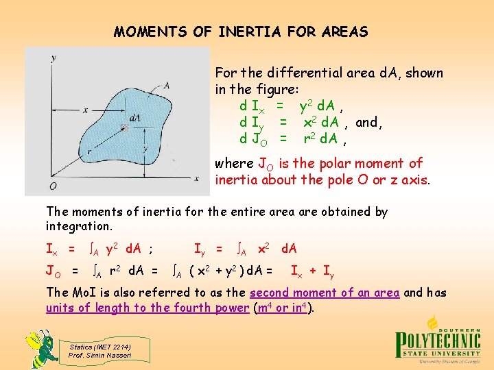 MOMENTS OF INERTIA FOR AREAS For the differential area d. A, shown in the