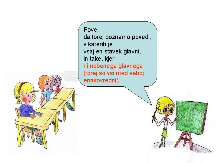 Pove, da torej poznamo povedi, v katerih je vsaj en stavek glavni, in take,