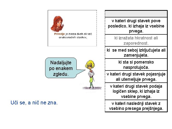 v kateri drugi stavek pove posledico, ki izhaja iz vsebine prvega. ki izražata hkratnost