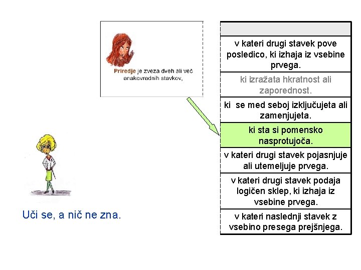 v kateri drugi stavek pove posledico, ki izhaja iz vsebine prvega. ki izražata hkratnost