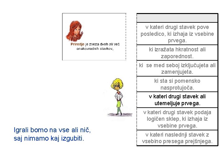 v kateri drugi stavek pove posledico, ki izhaja iz vsebine prvega. ki izražata hkratnost