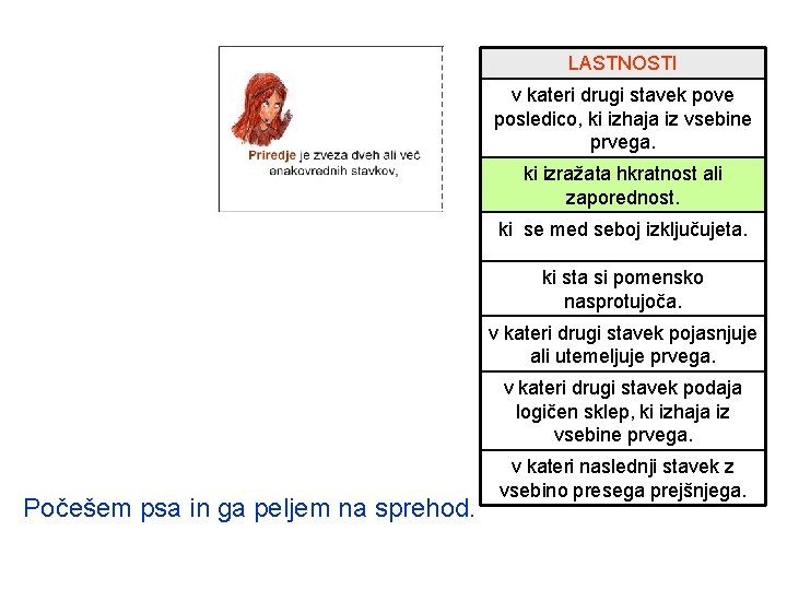 LASTNOSTI v kateri drugi stavek pove posledico, ki izhaja iz vsebine prvega. ki izražata