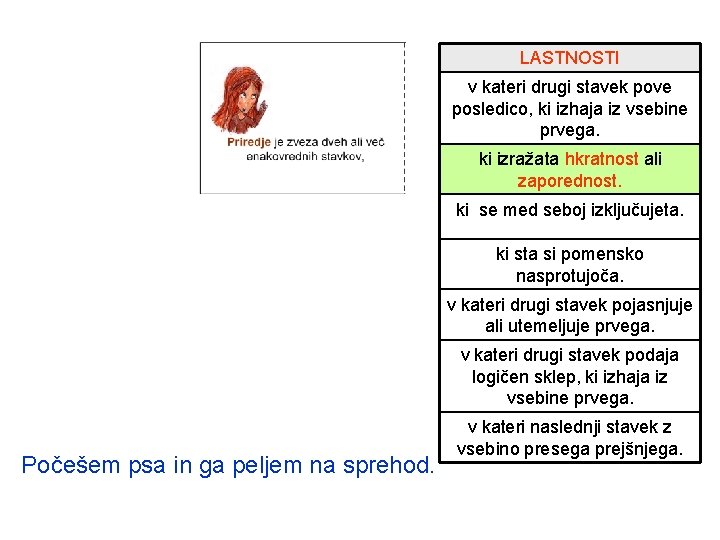 LASTNOSTI v kateri drugi stavek pove posledico, ki izhaja iz vsebine prvega. ki izražata