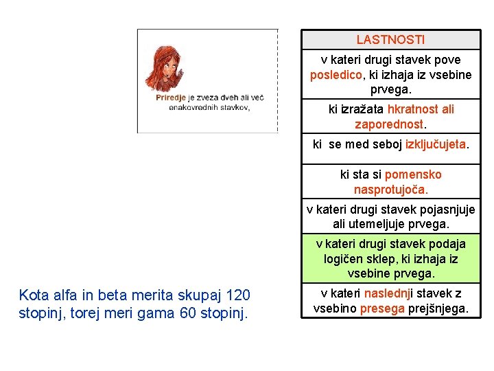 LASTNOSTI v kateri drugi stavek pove posledico, ki izhaja iz vsebine prvega. ki izražata