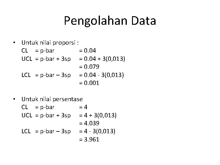 Pengolahan Data • Untuk nilai proporsi : CL = p-bar = 0. 04 UCL