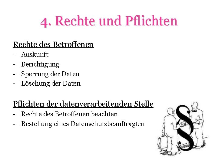 4. Rechte und Pflichten Rechte des Betroffenen - Auskunft Berichtigung Sperrung der Daten Löschung