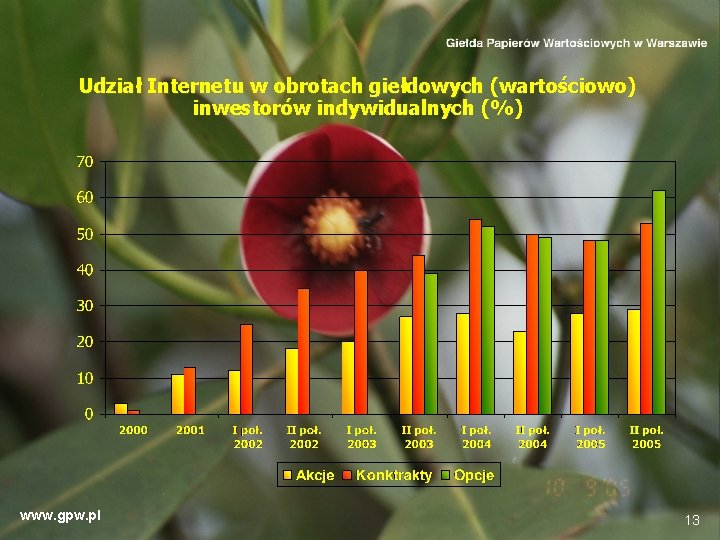 Udział Internetu w obrotach giełdowych (wartościowo) inwestorów indywidualnych (%) www. gpw. pl 13 