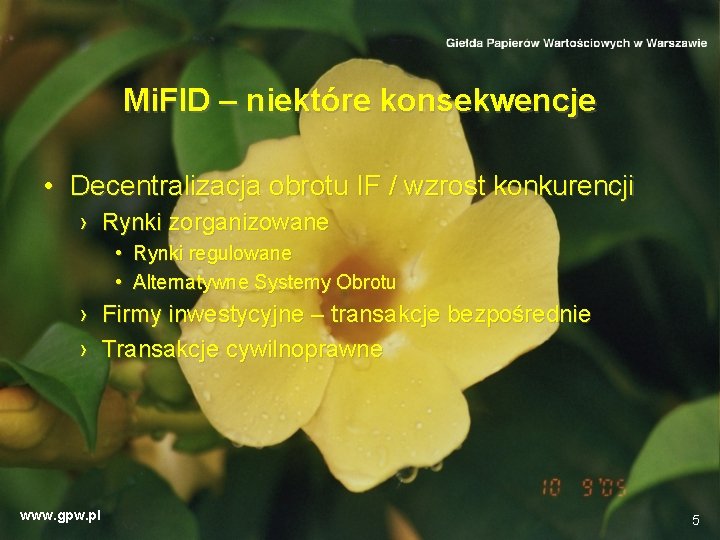 Mi. FID – niektóre konsekwencje • Decentralizacja obrotu IF / wzrost konkurencji › Rynki