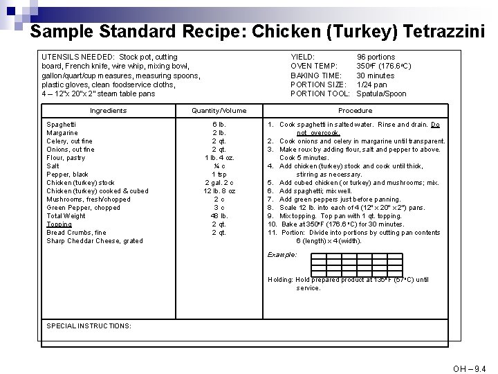 Sample Standard Recipe: Chicken (Turkey) Tetrazzini UTENSILS NEEDED: Stock pot, cutting board, French knife,