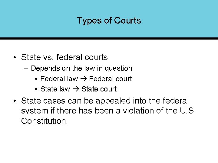 Types of Courts • State vs. federal courts – Depends on the law in