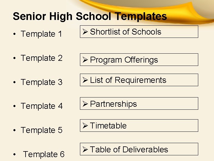 Senior High School Templates • Template 1 Ø Shortlist of Schools • Template 2