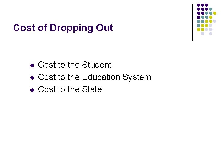 Cost of Dropping Out l l l Cost to the Student Cost to the