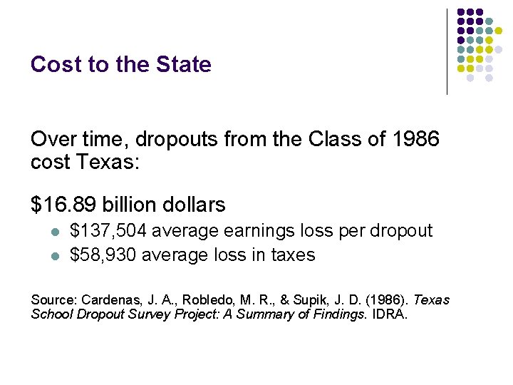 Cost to the State Over time, dropouts from the Class of 1986 cost Texas: