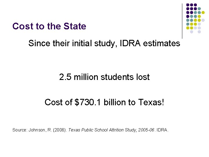 Cost to the State Since their initial study, IDRA estimates 2. 5 million students