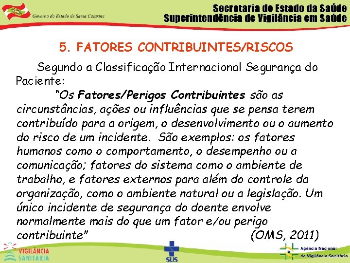 5. FATORES CONTRIBUINTES/RISCOS Segundo a Classificação Internacional Segurança do Paciente: “Os Fatores/Perigos Contribuintes são