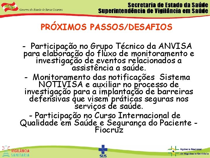 PRÓXIMOS PASSOS/DESAFIOS - Participação no Grupo Técnico da ANVISA para elaboração do fluxo de