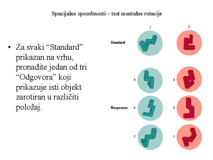 Spacijalne sposobnosti – test mentalne rotacije • Za svaki “Standard” prikazan na vrhu, pronađite