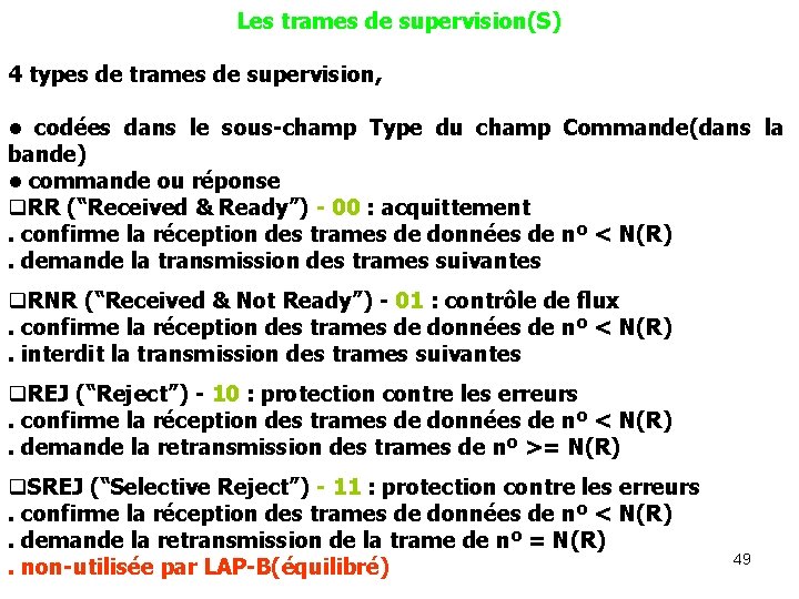 Les trames de supervision(S) 4 types de trames de supervision, • codées dans le