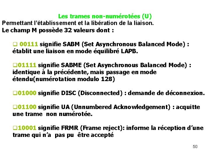 Les trames non-numérotées (U) Permettant l’établissement et la libération de la liaison. Le champ