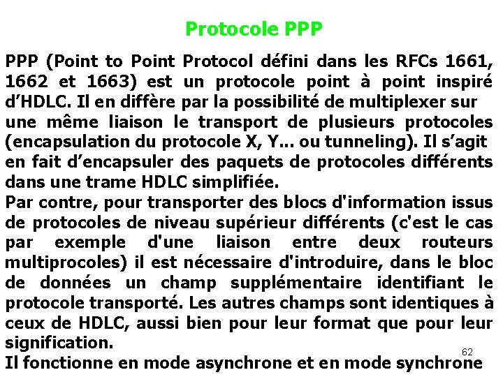 Protocole PPP (Point to Point Protocol défini dans les RFCs 1661, 1662 et 1663)