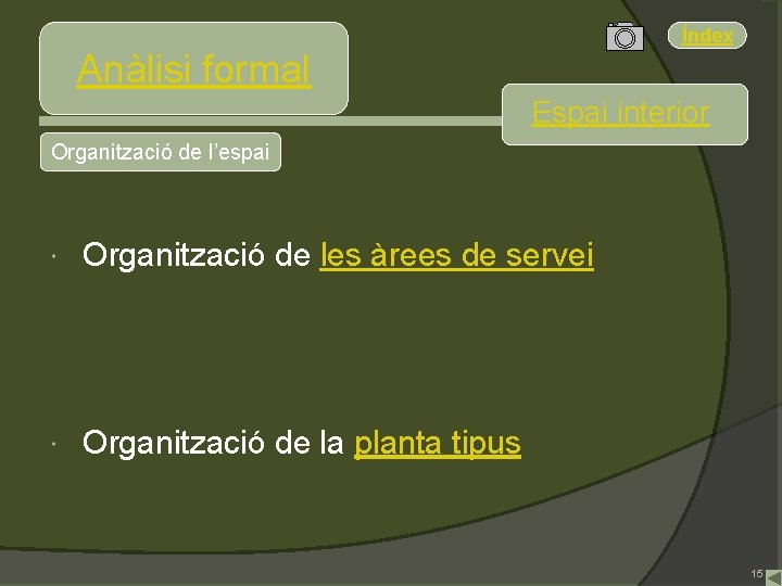 Índex Anàlisi formal Espai interior Organització de l’espai Organització de les àrees de servei