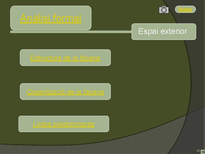 Índex Anàlisi formal Espai exterior Estructura de la façana Organització de la façana Línies