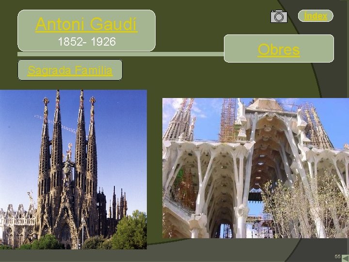 Índex Antoni Gaudí 1852 - 1926 Obres Sagrada Família 55 