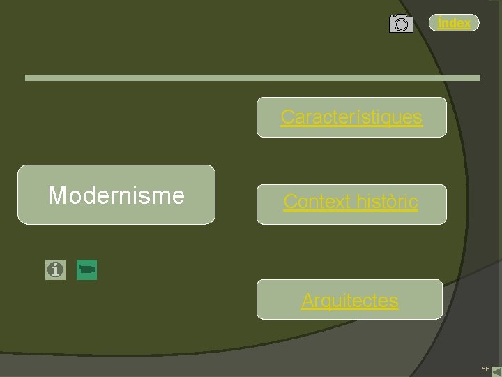 Índex Característiques Modernisme Context històric Arquitectes 56 