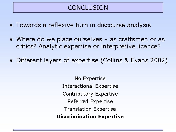 CONCLUSION • Towards a reflexive turn in discourse analysis • Where do we place