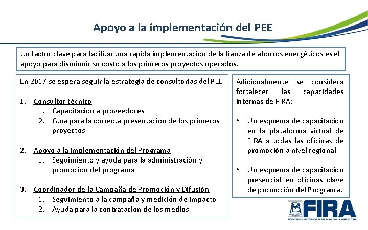 Apoyo a la implementación del PEE Un factor clave para facilitar una rápida implementación