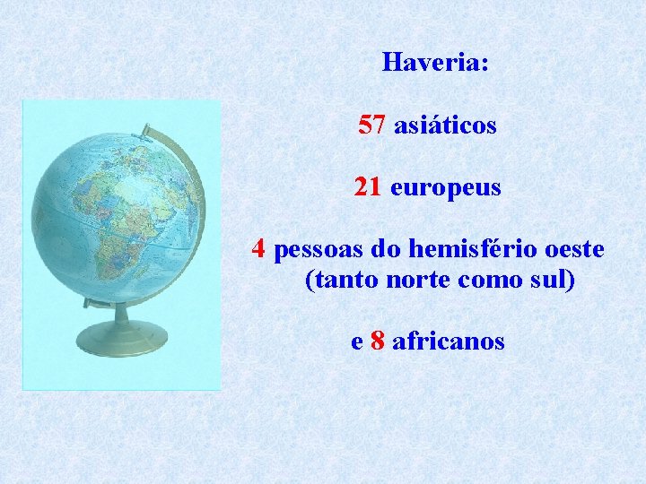 Haveria: 57 asiáticos 21 europeus 4 pessoas do hemisfério oeste (tanto norte como sul)