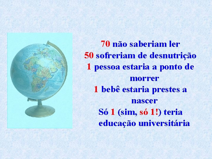 70 não saberiam ler 50 sofreriam de desnutrição 1 pessoa estaria a ponto de