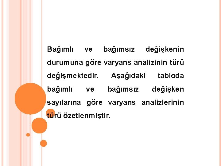Bağımlı ve bağımsız değişkenin durumuna göre varyans analizinin türü değişmektedir. bağımlı ve Aşağıdaki bağımsız