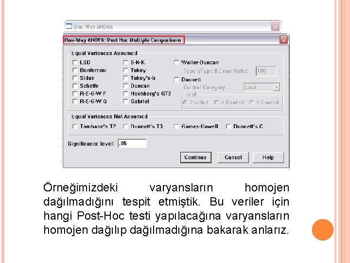 Örneğimizdeki varyansların homojen dağılmadığını tespit etmiştik. Bu veriler için hangi Post-Hoc testi yapılacağına varyansların