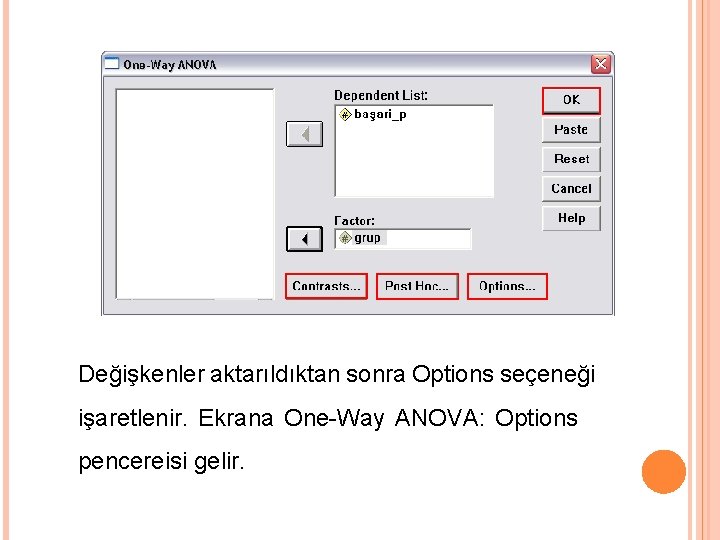 Değişkenler aktarıldıktan sonra Options seçeneği işaretlenir. Ekrana One-Way ANOVA: Options pencereisi gelir. 