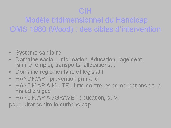 CIH Modèle tridimensionnel du Handicap OMS 1980 (Wood) : des cibles d’intervention • Système