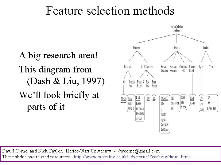 Feature selection methods A big research area! This diagram from (Dash & Liu, 1997)