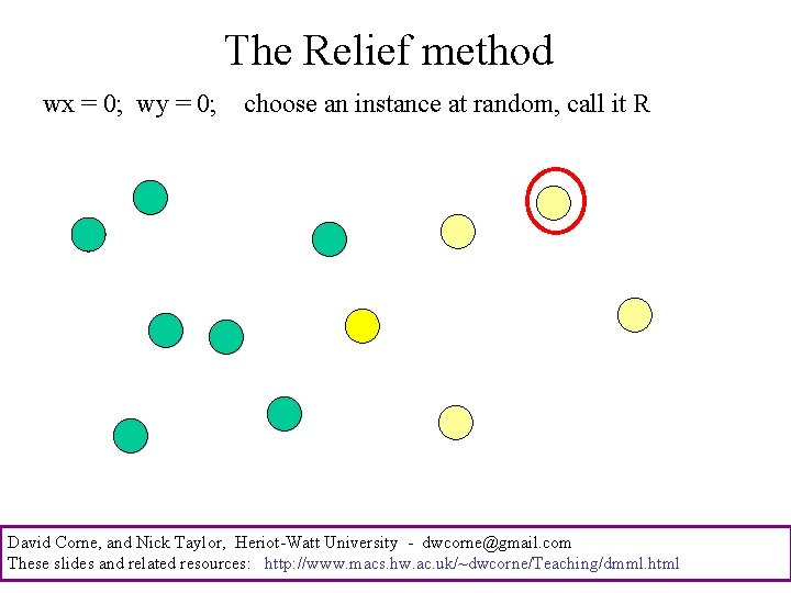 The Relief method wx = 0; wy = 0; choose an instance at random,