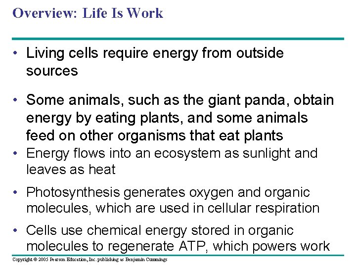 Overview: Life Is Work • Living cells require energy from outside sources • Some