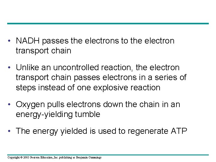  • NADH passes the electrons to the electron transport chain • Unlike an