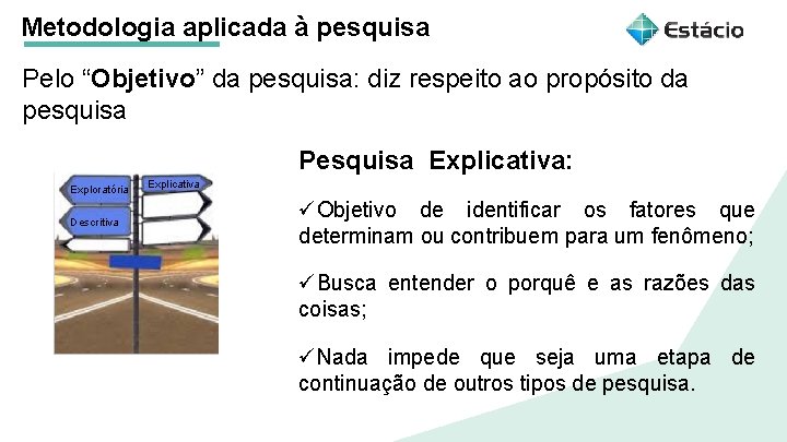 Metodologia aplicada à pesquisa Pelo “Objetivo” da pesquisa: diz respeito ao propósito da pesquisa