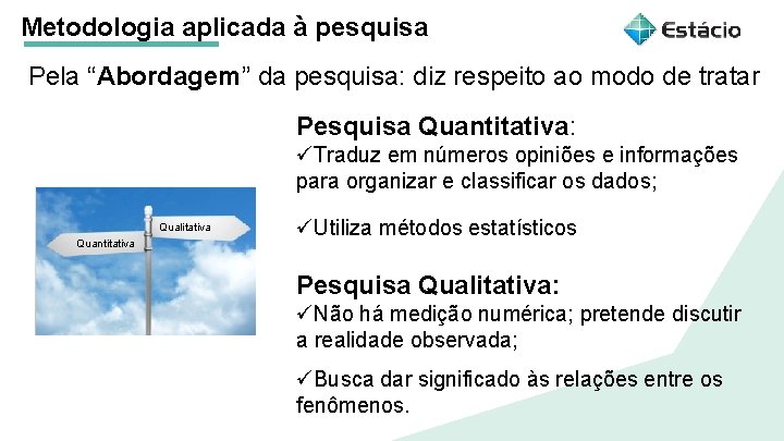 Metodologia aplicada à pesquisa Pela “Abordagem” da pesquisa: diz respeito ao modo de tratar