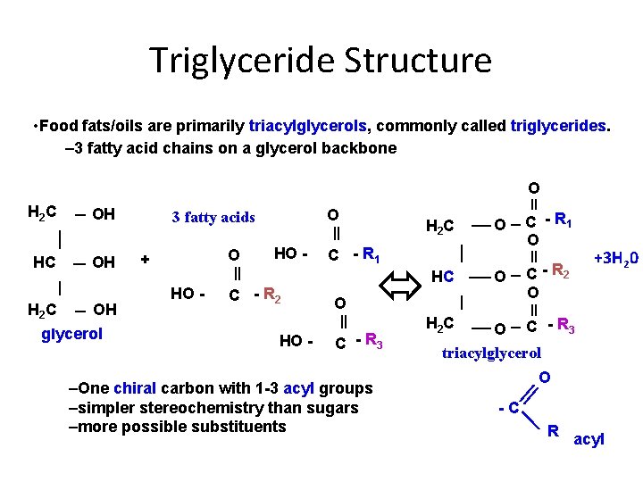 Triglyceride Structure • Food fats/oils are primarily triacylglycerols, commonly called triglycerides. – 3 fatty