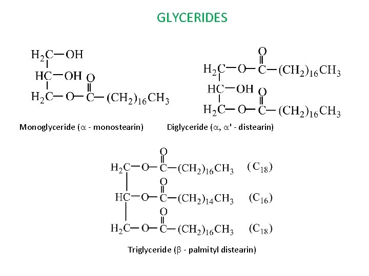 GLYCERIDES Monoglyceride (a - monostearin) Diglyceride (a, a' - distearin) Triglyceride (b - palmityl