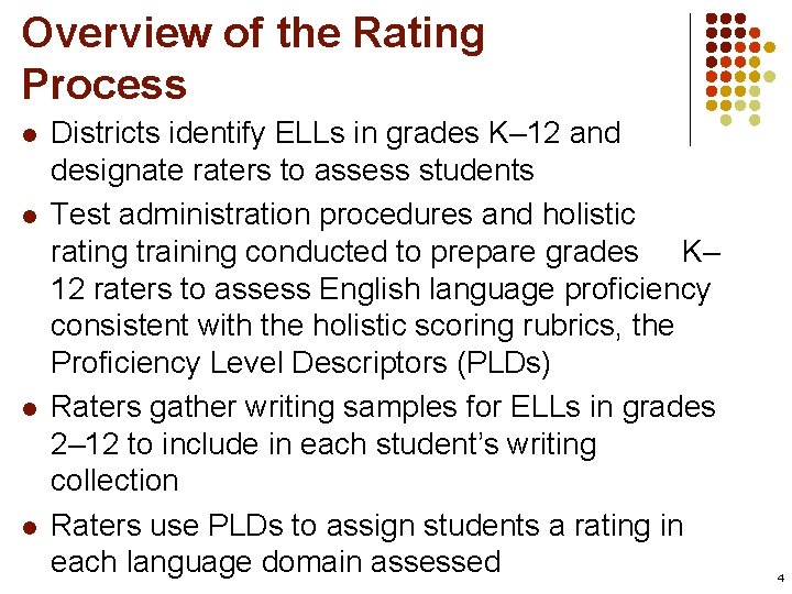 Overview of the Rating Process l l Districts identify ELLs in grades K– 12