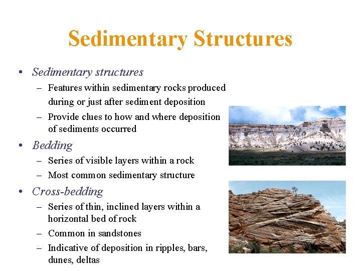 Sedimentary Structures • Sedimentary structures – Features within sedimentary rocks produced during or just